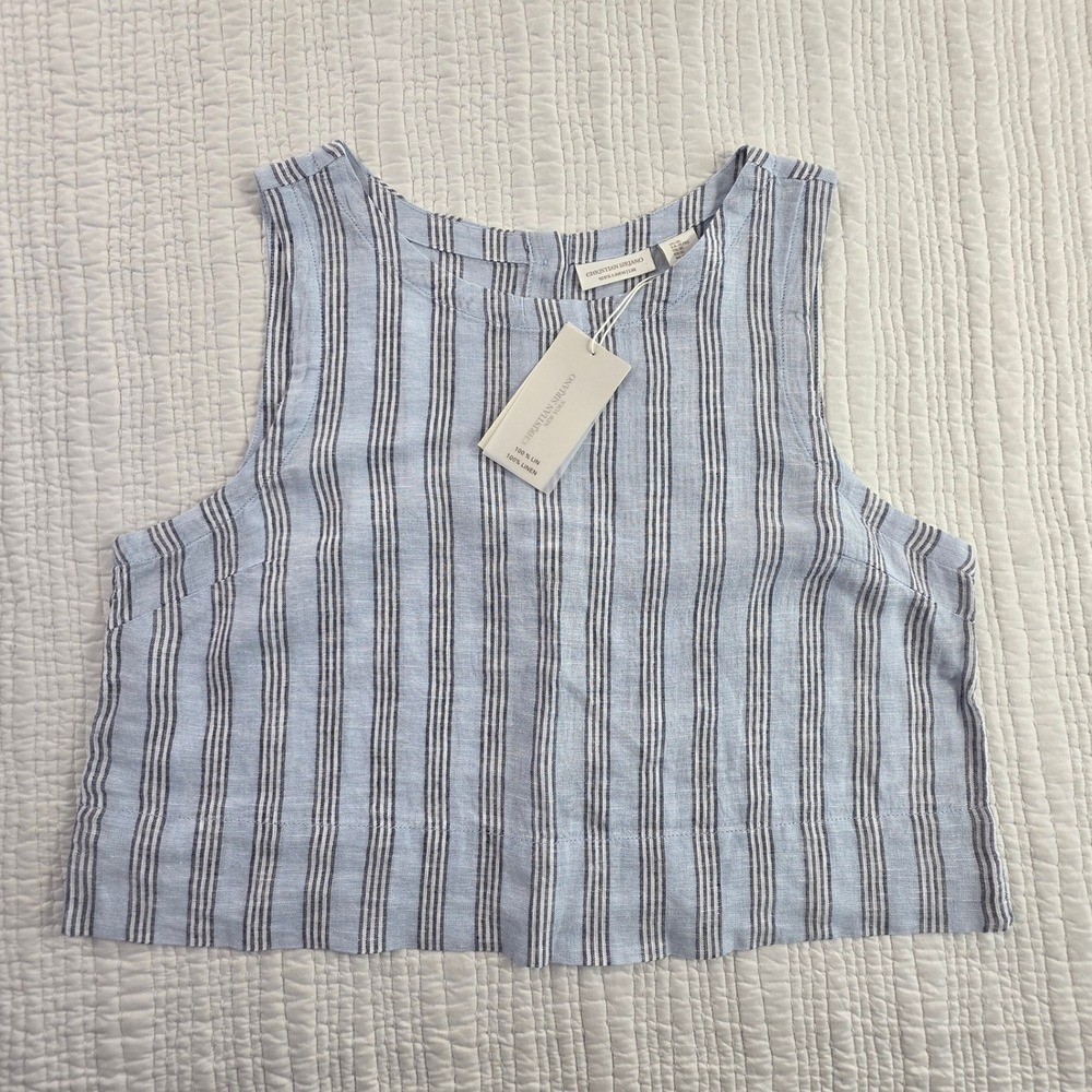 Christian Siriano NWT Blue Striped 100% Linen Sleeveless Button Back Crop Top XL
